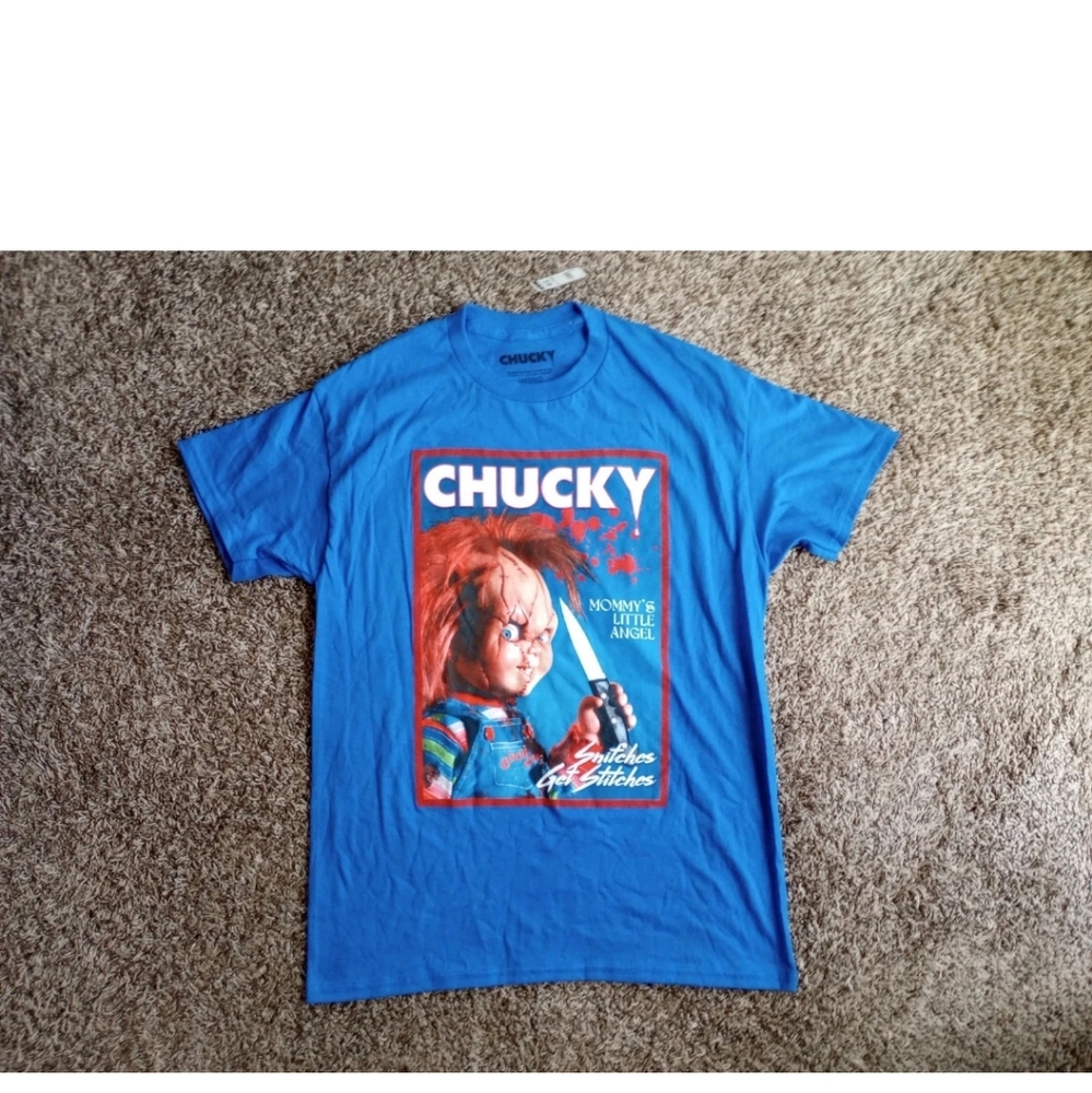 Chucky Mommys Little Angel Blue Mens Tee Shirt Snitches get Stitches Medium NWT
